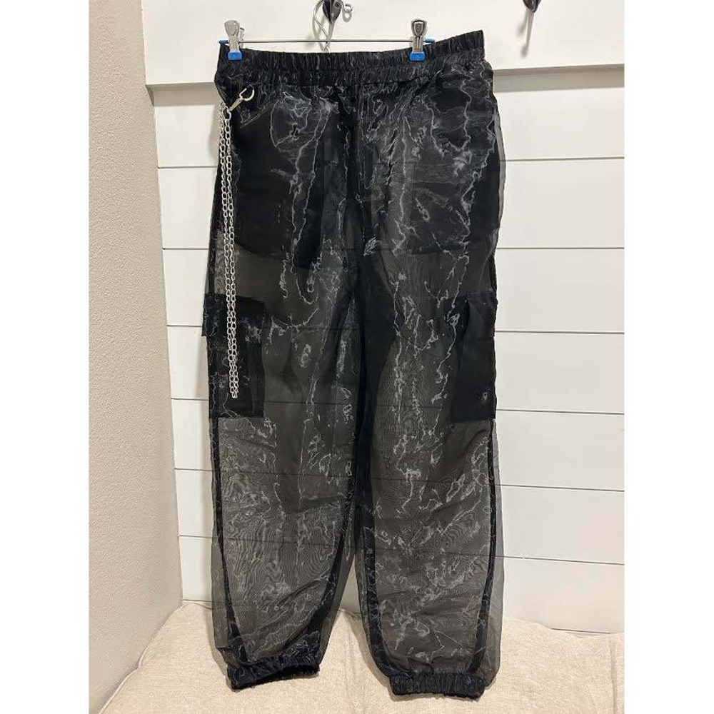 INCERUN Black Sheer Marble Print Cargo Joggers with Chain Streetwear Rave Pants